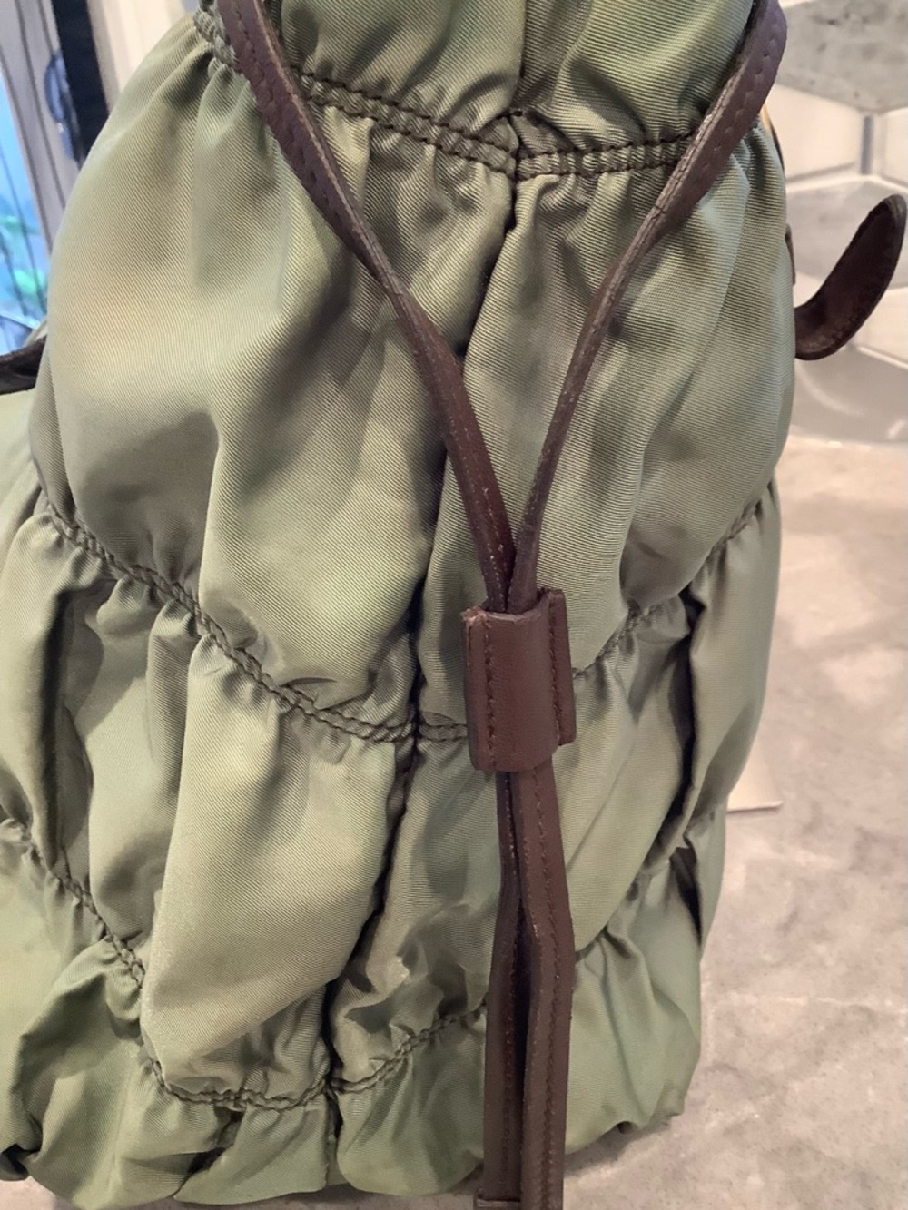 Prada Gaufre Olive Green Nylon Tote w/ Brown Leather Trim. PreLoved w/ sling - Picture 4 of 15